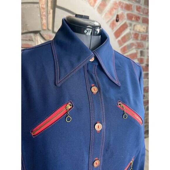 button up shirt dagger collar 6 zipper pockets 1970s navy blue red - Picture 7 of 11